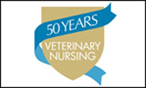 Graphic of a shield and ribbon featuring the words '50 years veterinary nursing' 
