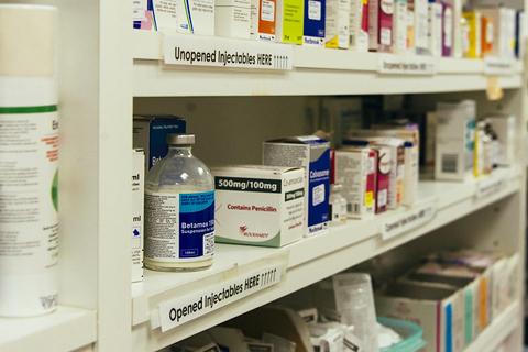 Shelves displaying veterinary medicines