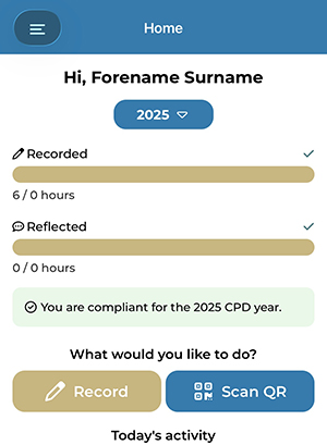 1CPD app homepage showing CPD activity with buttons to record an activity or scan a QR code