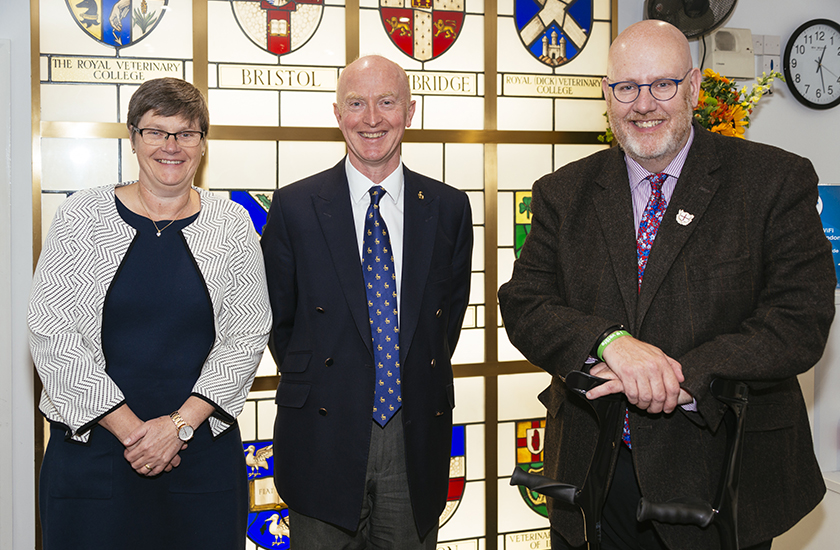 Chair of Education Committee Susan Paterson, Head of Surrey Vet School Professor Chris Proudman and RCVS President Niall Connell pictured on Thursday 3 October 2019 following the approval of Surrey's veterinary degree 