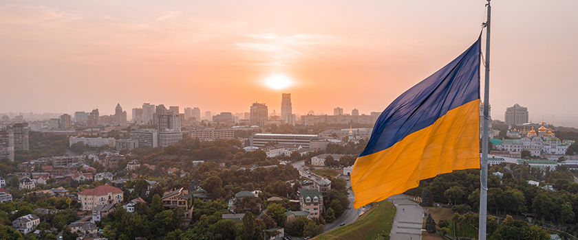 Ukrainian flag flying over Kyiv