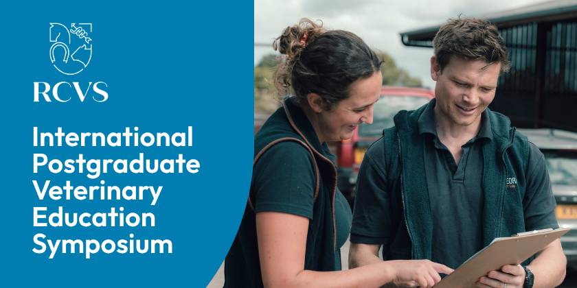 A vet points toward a clipboard held by a another vet