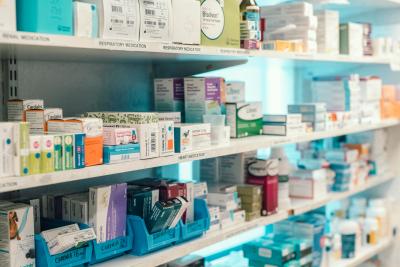 Shelves of veterinary medicines at a practice premises medicine store