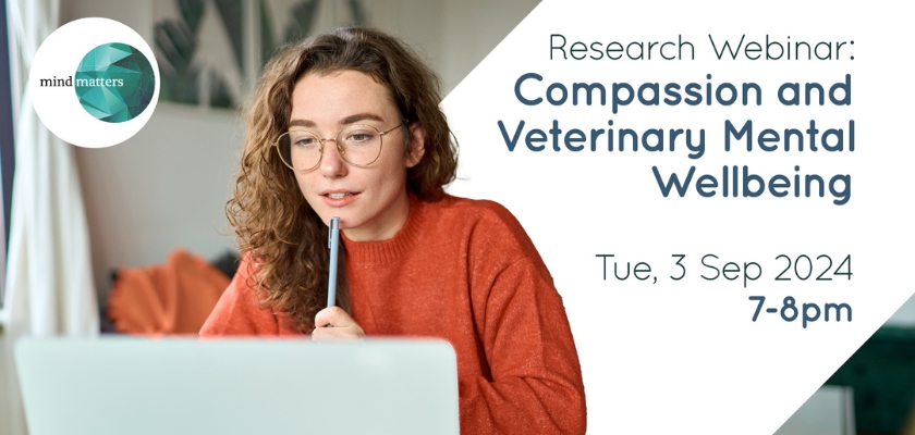 MMI compassion webinar banner - girl sitting studying at computer with text detail of webinar timings and date and MMI logo