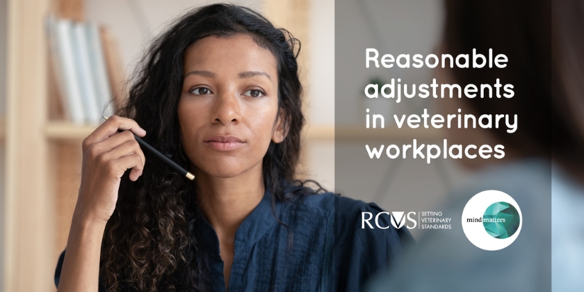 Woman sat with pen next to 'Reasonable Adjustments in the Veterinary Workplace' text