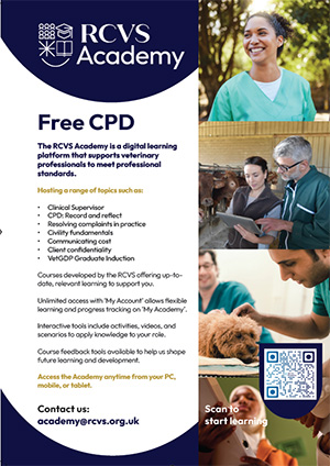 RCVS Academy poster with graphics photos and QR code