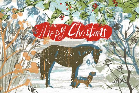 Horse and dog in snow for Christmas 