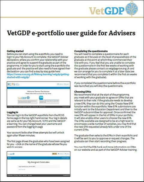 VetGDP E-portfolio User Guide for Veterinary Advisers - cover 
